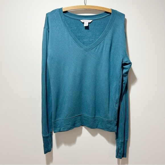 Athleta Sunrise V Neck Sweatshirt Size XS Blue Teal Modal Soft Thumbholes - Picture 2 of 12